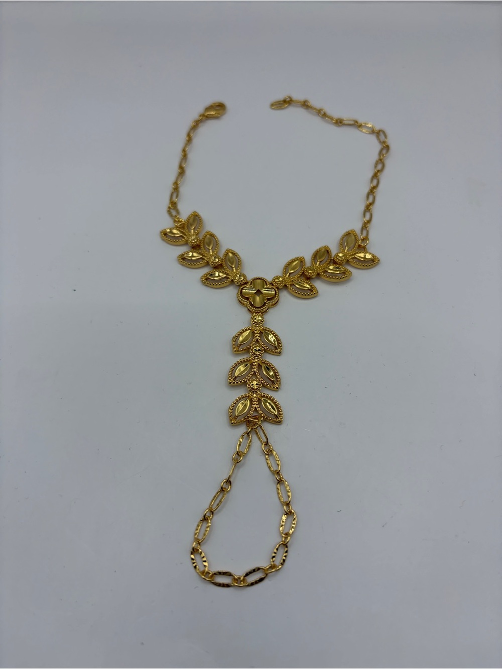Gold Polish Leaf Drop Finger Chain Bracelet